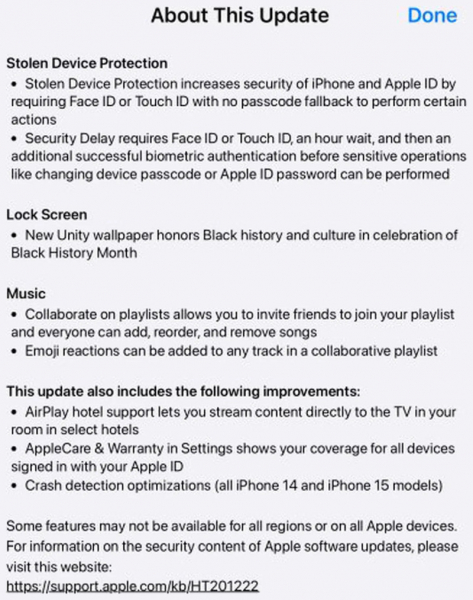 Выпущена Apple iOS 17.3 с улучшенной защитой iPhone от кражи