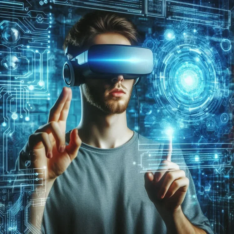 A futuristic programmer wearing augmented reality glasses, coding in a holographic interface surrounded by glowing circuits. sci fi aesthetic.