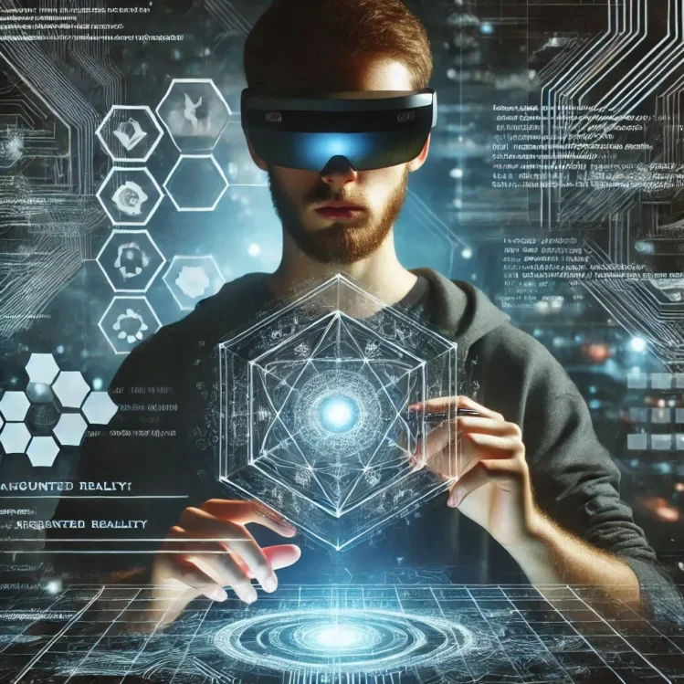 A futuristic programmer wearing augmented reality glasses, coding in a holographic interface surrounded by glowing circuits. sci fi aesthetic.2