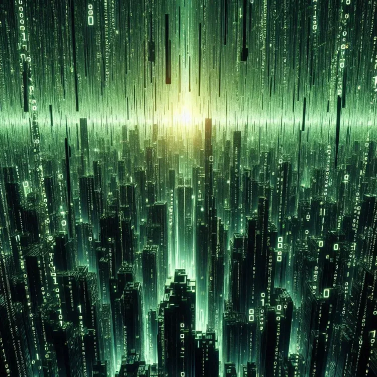 Binary code rain in matrix style green and black colors