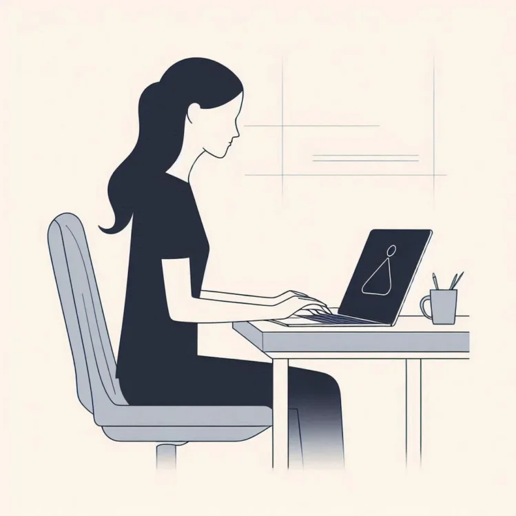 Minimalist illustration of a female developer sitting at a desk with a sleek laptop. clean lines, limited color palette, and focus on simplicity.