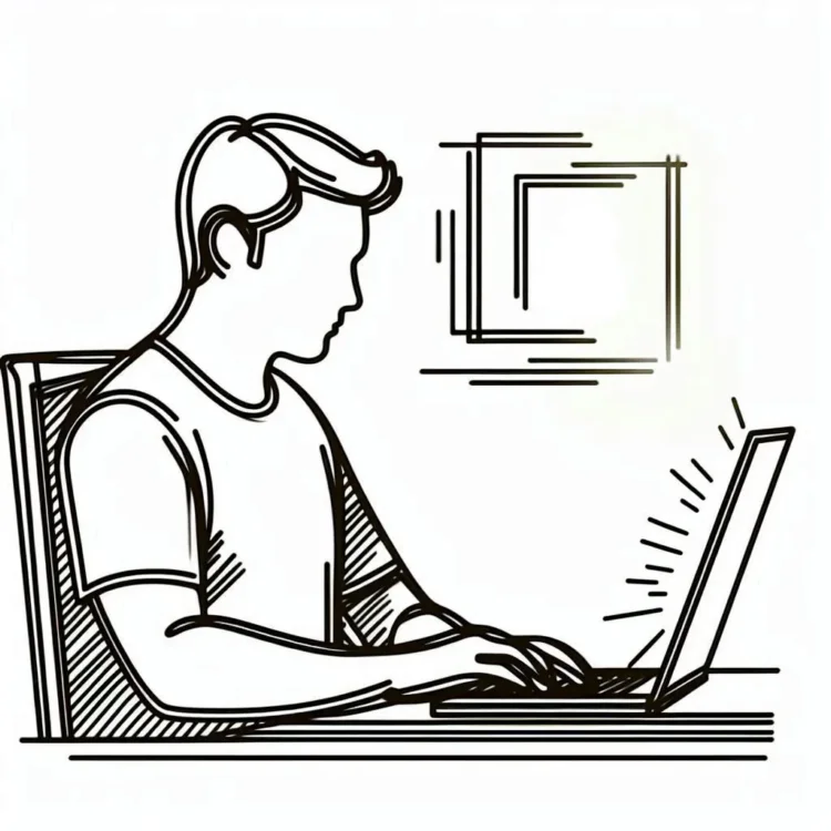Человек за ноутбуком в контурном стиле – только линии, передающие позу, на экране светится простая иконка кода
