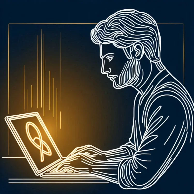 Человек за ноутбуком в контурном стиле – только линии, передающие позу, на экране светится простая иконка кода6