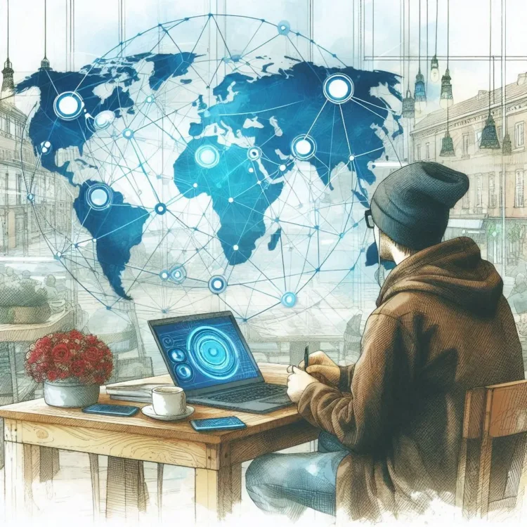 Программист с ноутбуком, подключенным к интернету, на фоне визуализация глобальной сети с узлами и связями, акварельный стиль (1)
