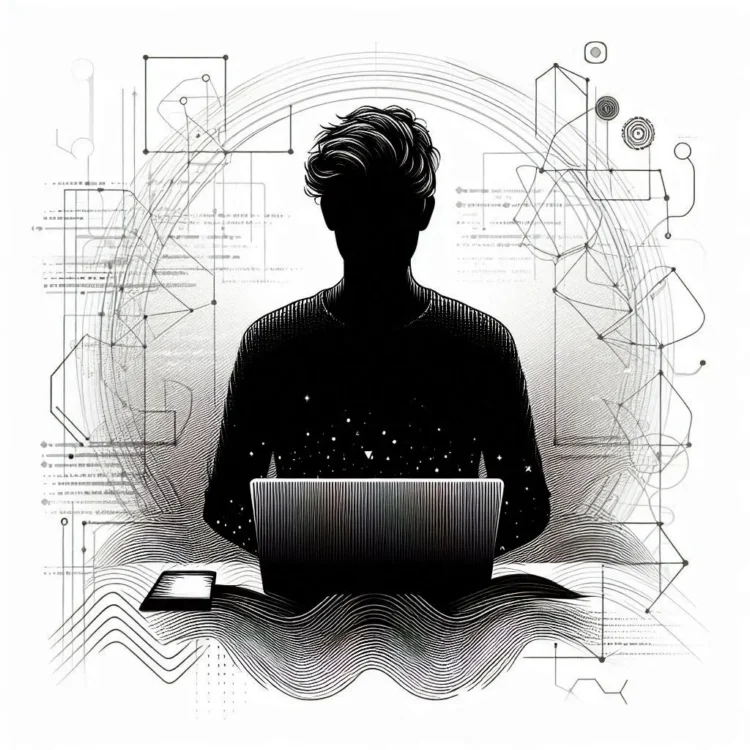 Силуэт программиста, погруженного в работу – белый фон, тонкие черные линии, абстрактные геометрические формы вокруг