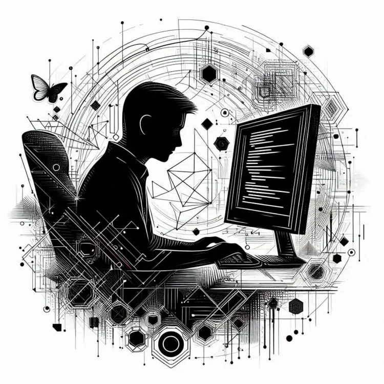 Силуэт программиста, погруженного в работу – белый фон, тонкие черные линии, абстрактные геометрические формы вокруг2