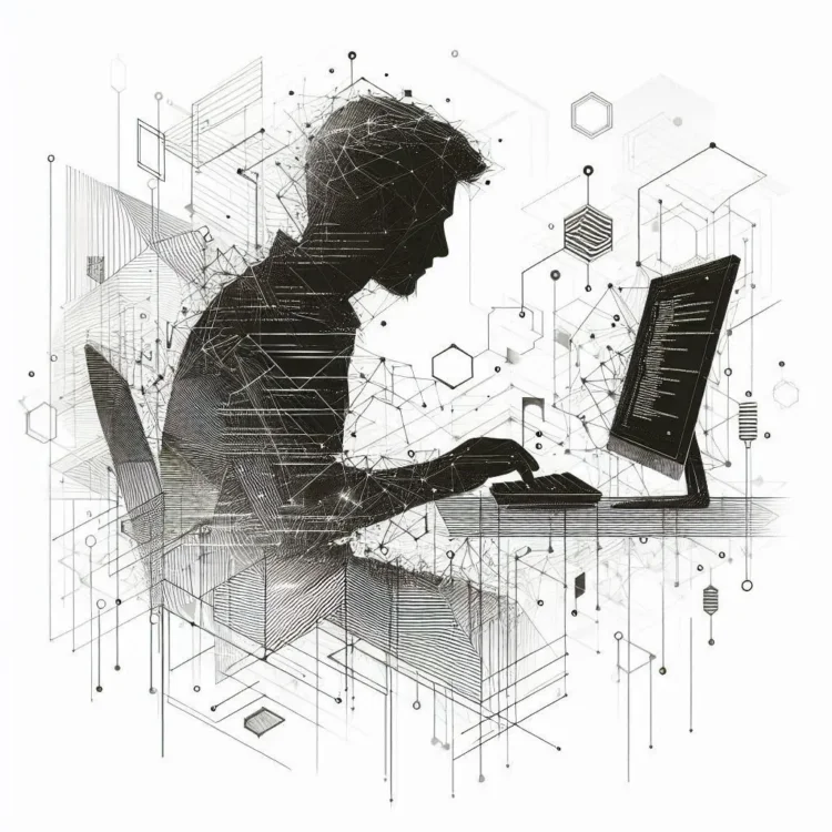 Силуэт программиста, погруженного в работу – белый фон, тонкие черные линии, абстрактные геометрические формы вокруг3