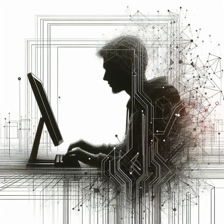 Силуэт программиста, погруженного в работу – белый фон, тонкие черные линии, абстрактные геометрические формы вокруг5