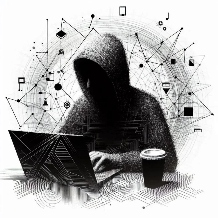 Силуэт программиста, погруженного в работу – белый фон, тонкие черные линии, абстрактные геометрические формы вокруг8
