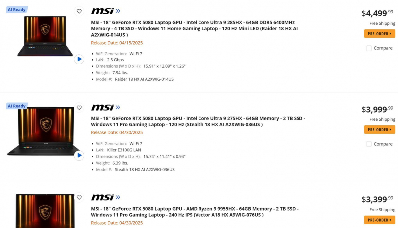 MSI выпустила первые ноутбуки на RTX 5090M