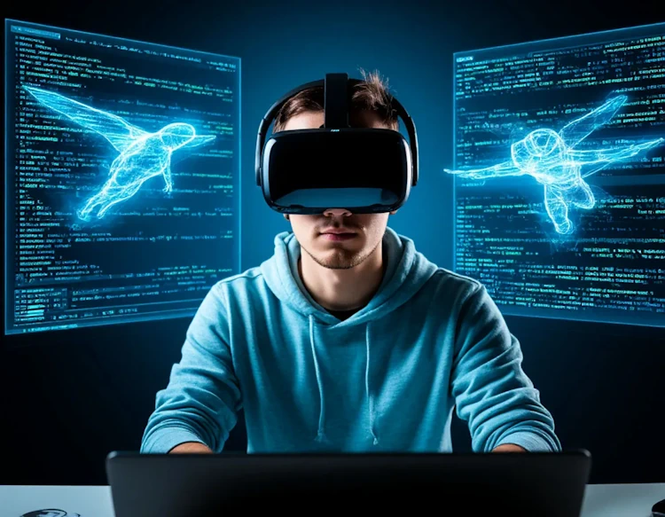 Программист в vr шлеме, окруженный голограммами летающего кода (5)
