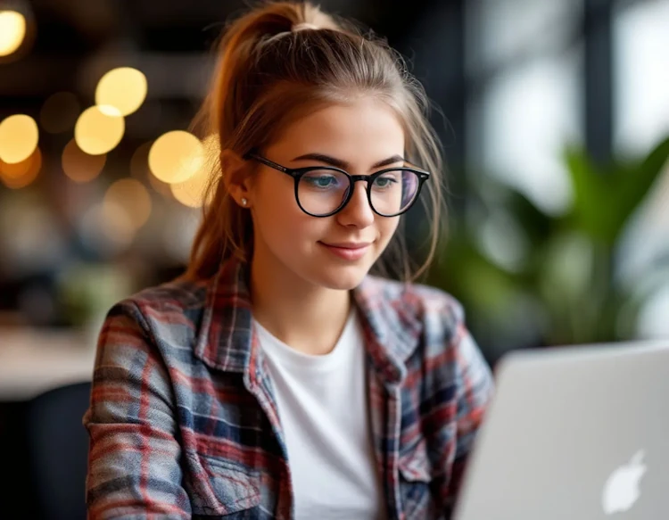 Стильная девушка программист в очках, работает за macbook pro (6)